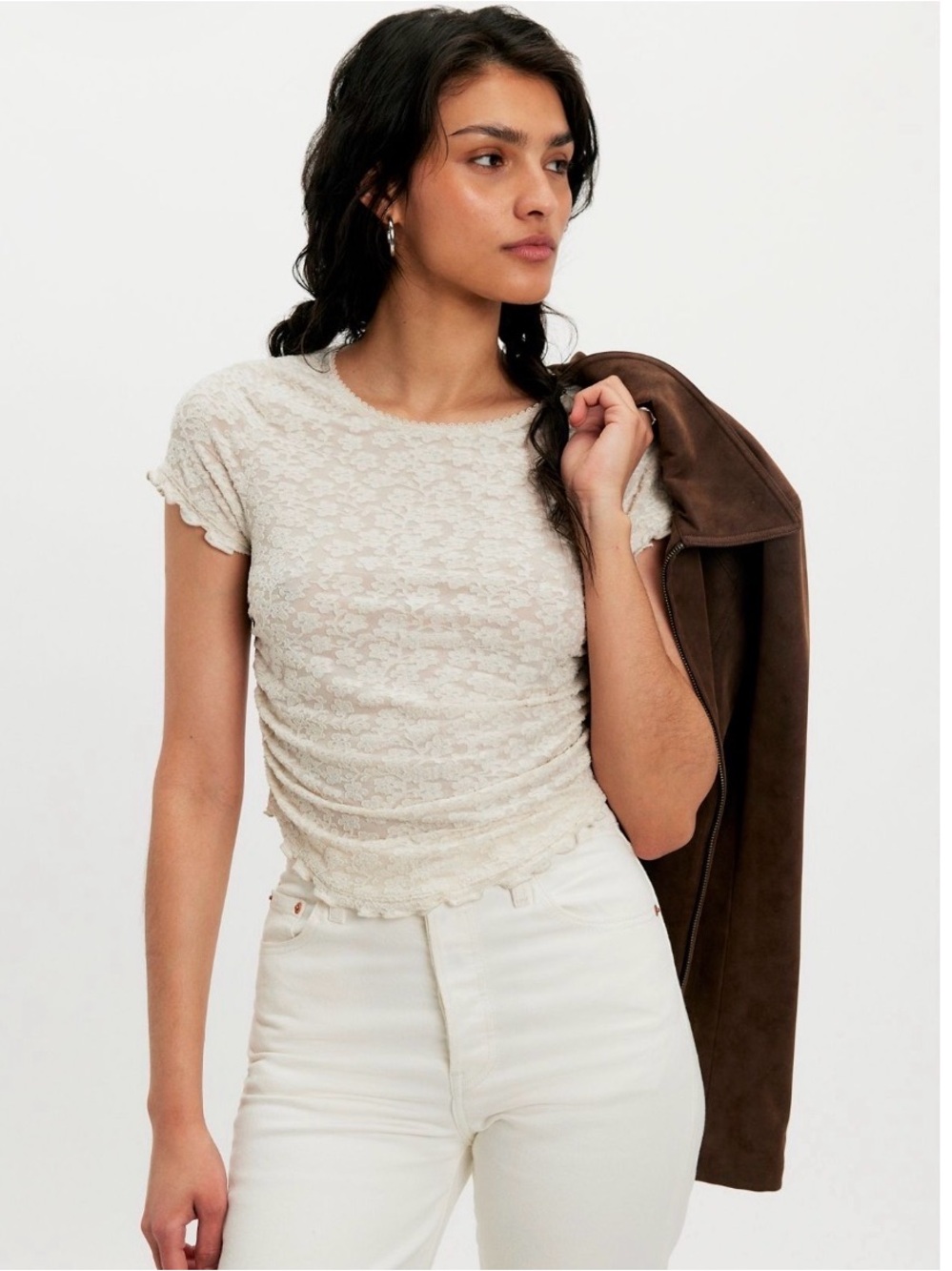 NWT Free People Ivory Lace Short Sleeve Baby Tee